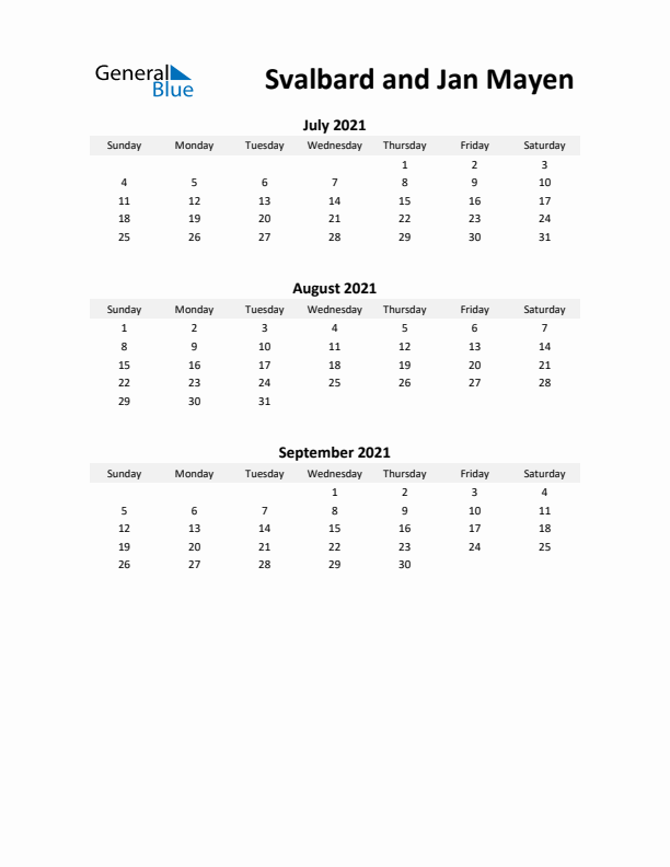 Printable Quarterly Calendar with Notes and Svalbard and Jan Mayen Holidays- Q3 of 2021