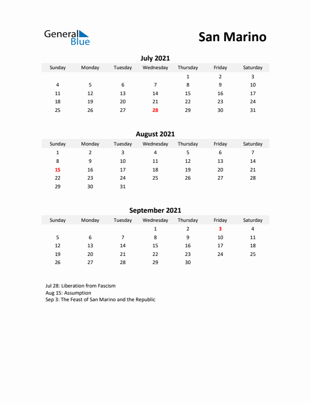 Printable Quarterly Calendar with Notes and San Marino Holidays- Q3 of 2021