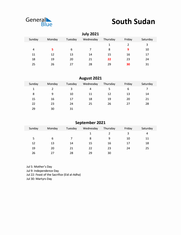 Printable Quarterly Calendar with Notes and South Sudan Holidays- Q3 of 2021