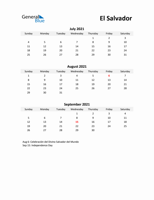 Printable Quarterly Calendar with Notes and El Salvador Holidays- Q3 of 2021