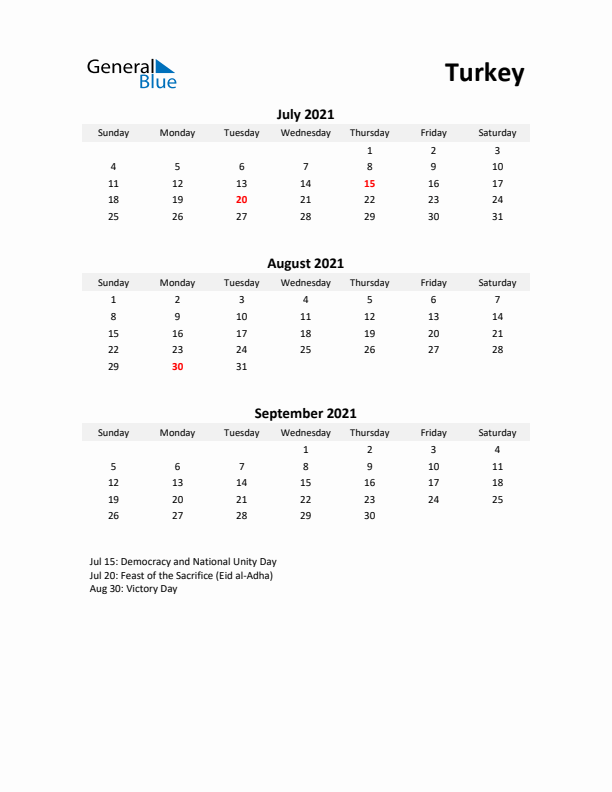 Printable Quarterly Calendar with Notes and Turkey Holidays- Q3 of 2021