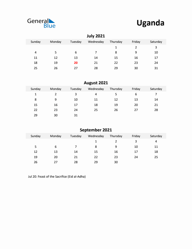 Printable Quarterly Calendar with Notes and Uganda Holidays- Q3 of 2021