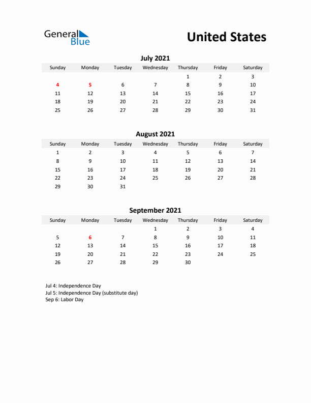 Printable Quarterly Calendar with Notes and United States Holidays- Q3 of 2021