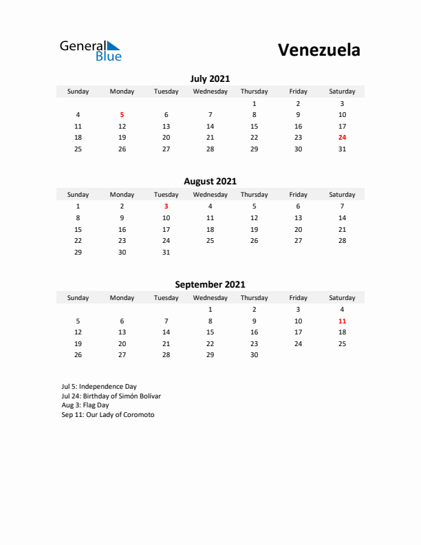 Printable Quarterly Calendar with Notes and Venezuela Holidays- Q3 of 2021