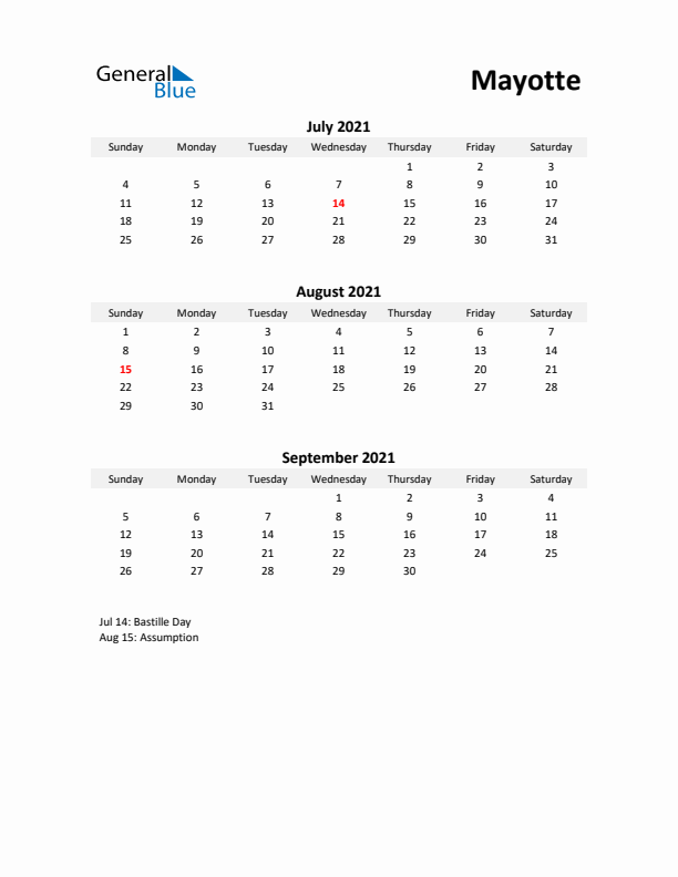 Printable Quarterly Calendar with Notes and Mayotte Holidays- Q3 of 2021