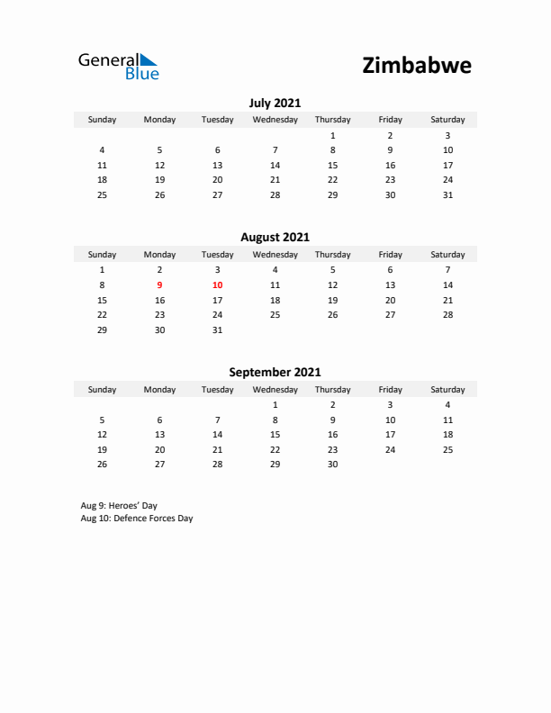 Printable Quarterly Calendar with Notes and Zimbabwe Holidays- Q3 of 2021