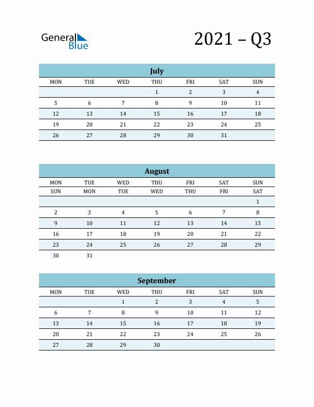 July, August, and September 2021 Calendar