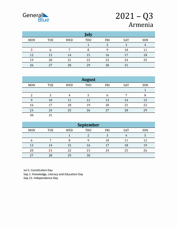 Three-Month Planner for Q3 2021 with Holidays - Armenia