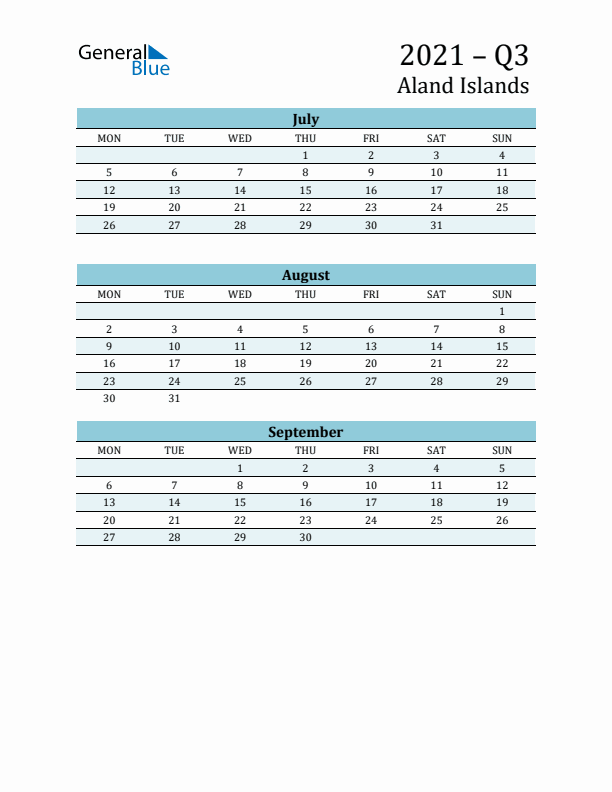 Three-Month Planner for Q3 2021 with Holidays - Aland Islands