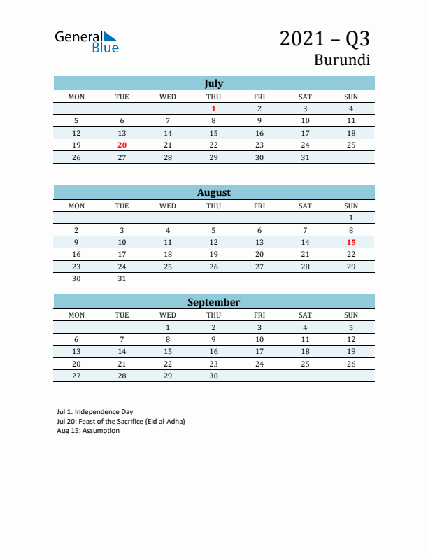 Three-Month Planner for Q3 2021 with Holidays - Burundi