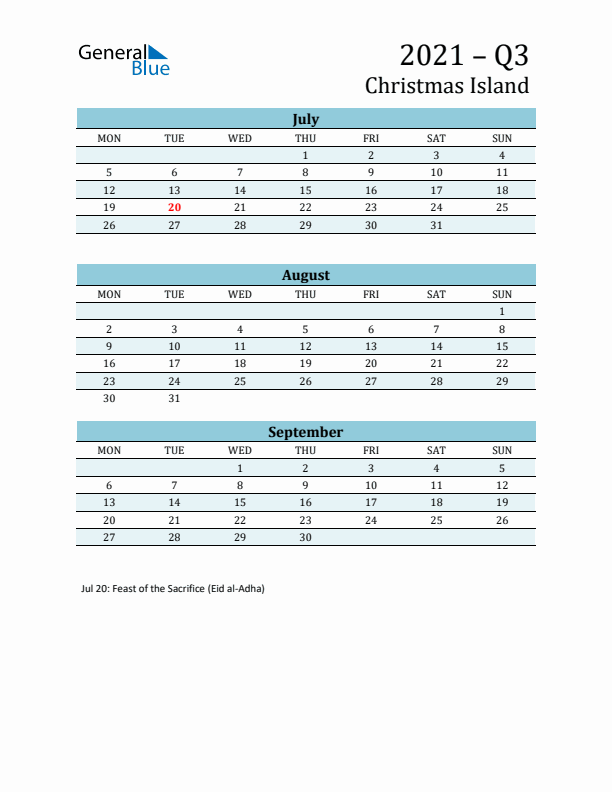 Three-Month Planner for Q3 2021 with Holidays - Christmas Island