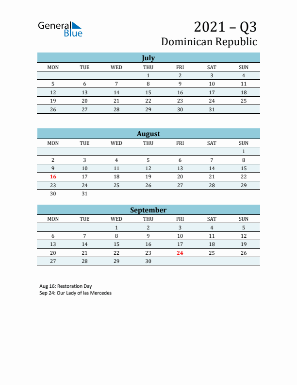 Three-Month Planner for Q3 2021 with Holidays - Dominican Republic