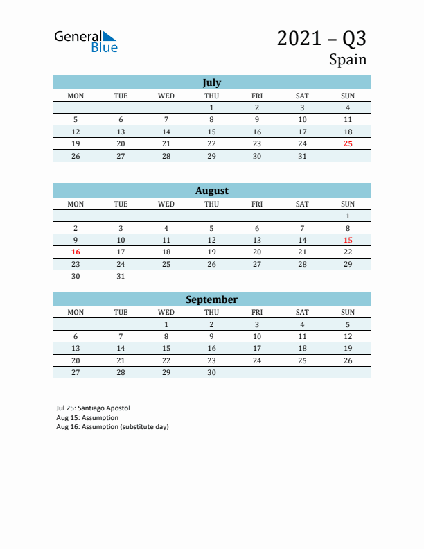 Three-Month Planner for Q3 2021 with Holidays - Spain