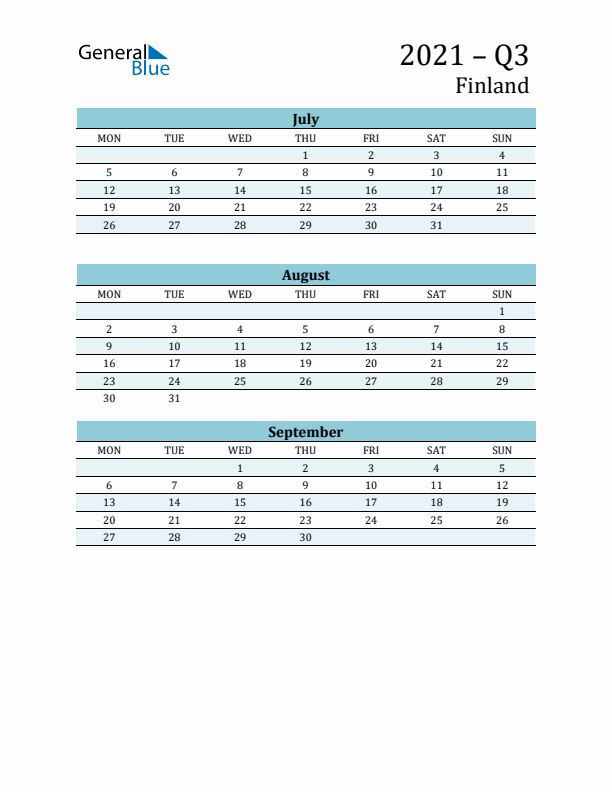 Three-Month Planner for Q3 2021 with Holidays - Finland