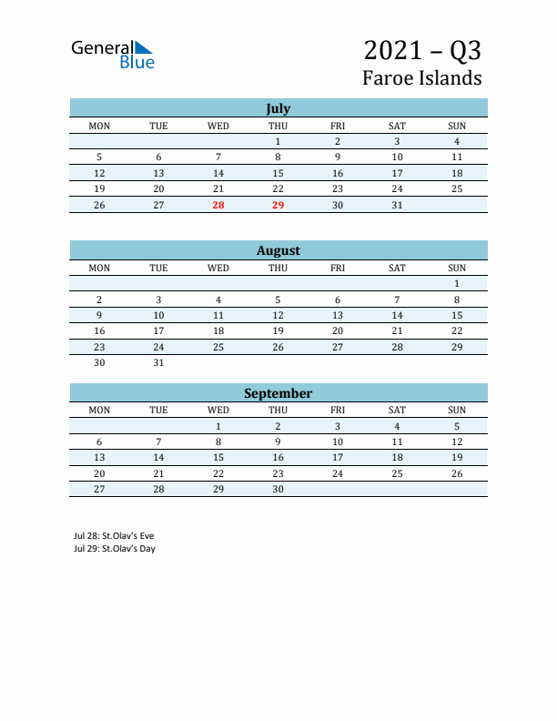 Three-Month Planner for Q3 2021 with Holidays - Faroe Islands