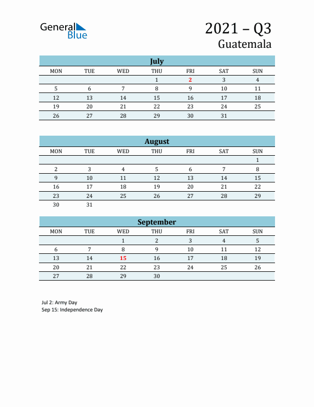 Three-Month Planner for Q3 2021 with Holidays - Guatemala