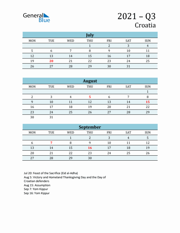 Three-Month Planner for Q3 2021 with Holidays - Croatia