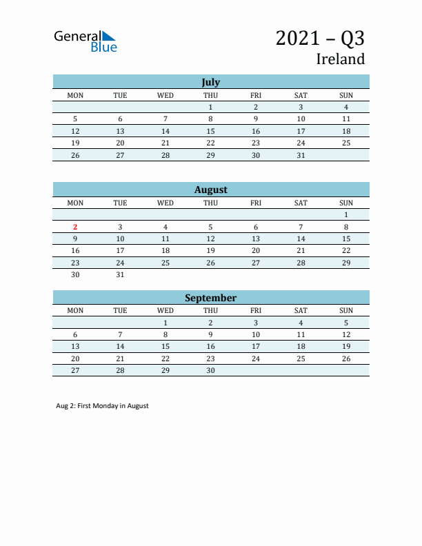 Three-Month Planner for Q3 2021 with Holidays - Ireland