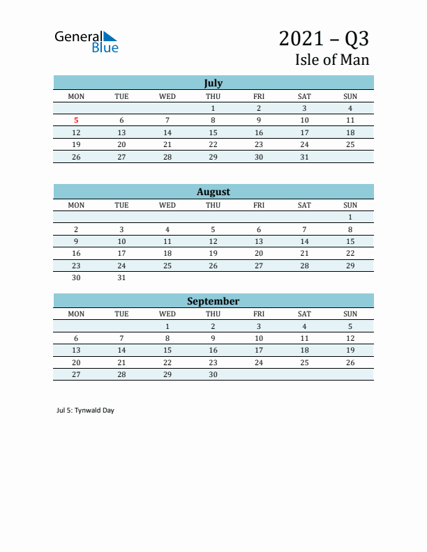 Three-Month Planner for Q3 2021 with Holidays - Isle of Man