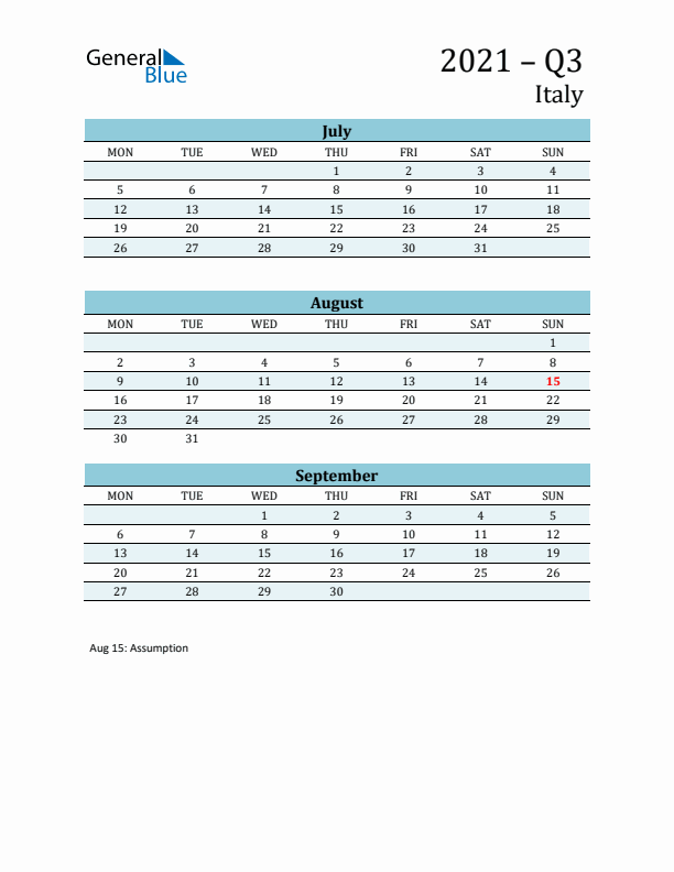 Three-Month Planner for Q3 2021 with Holidays - Italy