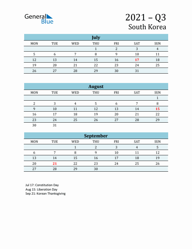 Three-Month Planner for Q3 2021 with Holidays - South Korea