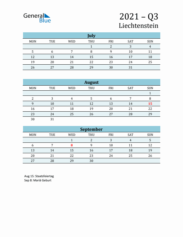 Three-Month Planner for Q3 2021 with Holidays - Liechtenstein