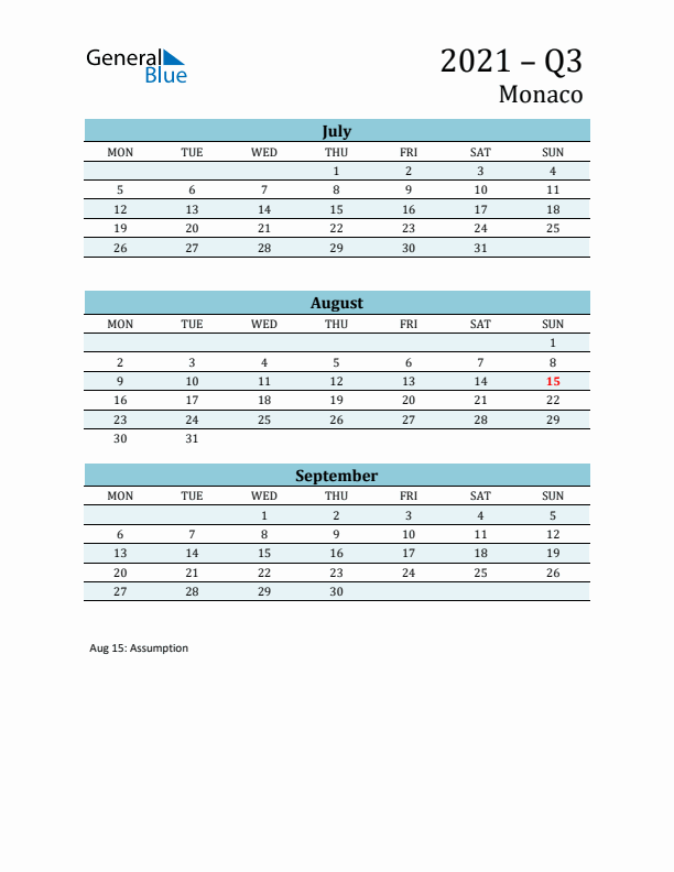 Three-Month Planner for Q3 2021 with Holidays - Monaco