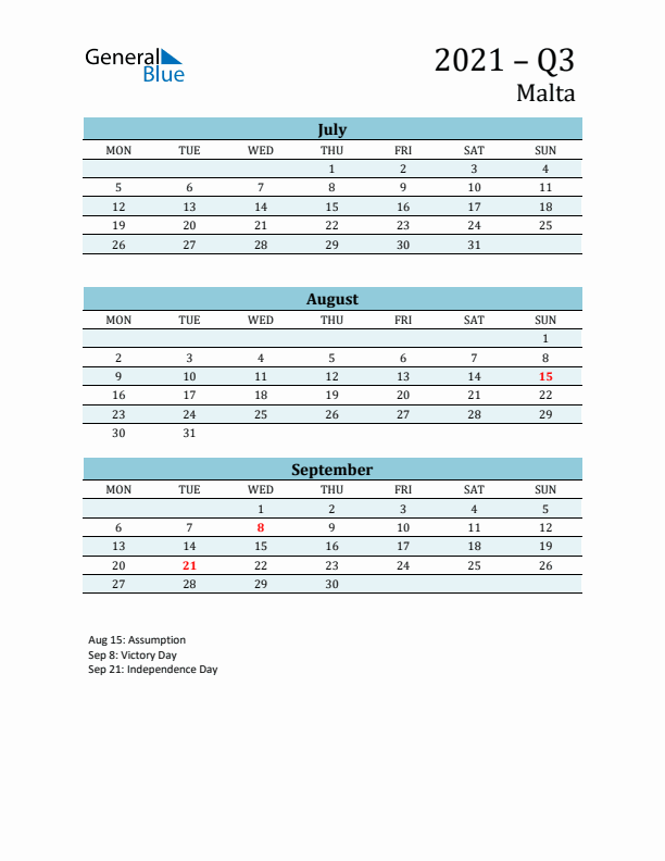 Three-Month Planner for Q3 2021 with Holidays - Malta