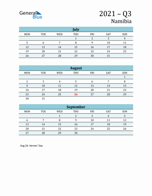 Three-Month Planner for Q3 2021 with Holidays - Namibia