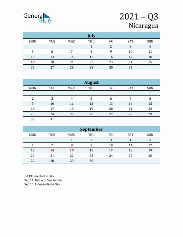 Three-Month Planner for Q3 2021 with Holidays - Nicaragua