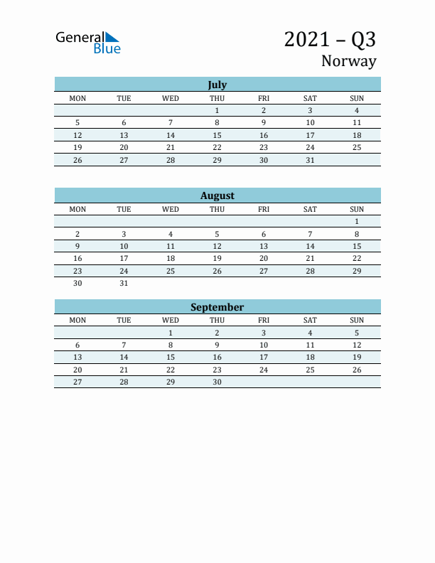 Three-Month Planner for Q3 2021 with Holidays - Norway