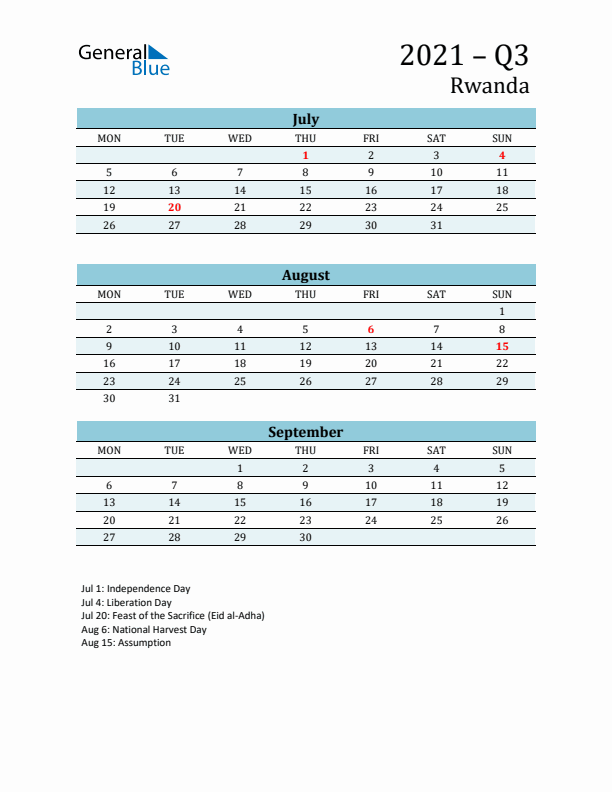 Three-Month Planner for Q3 2021 with Holidays - Rwanda