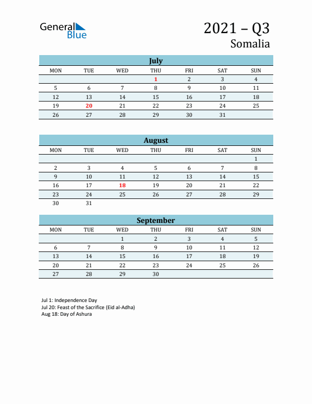 Three-Month Planner for Q3 2021 with Holidays - Somalia