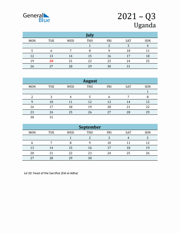 Three-Month Planner for Q3 2021 with Holidays - Uganda