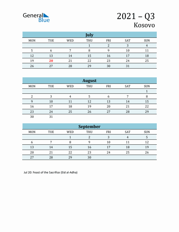 Three-Month Planner for Q3 2021 with Holidays - Kosovo