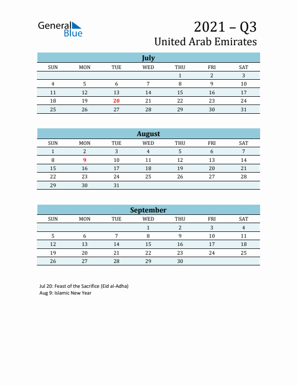 Three-Month Planner for Q3 2021 with Holidays - United Arab Emirates