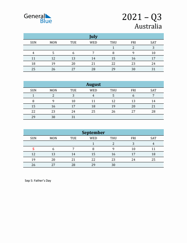 Three-Month Planner for Q3 2021 with Holidays - Australia