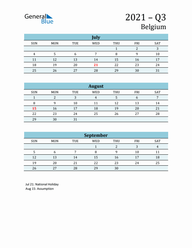 Three-Month Planner for Q3 2021 with Holidays - Belgium