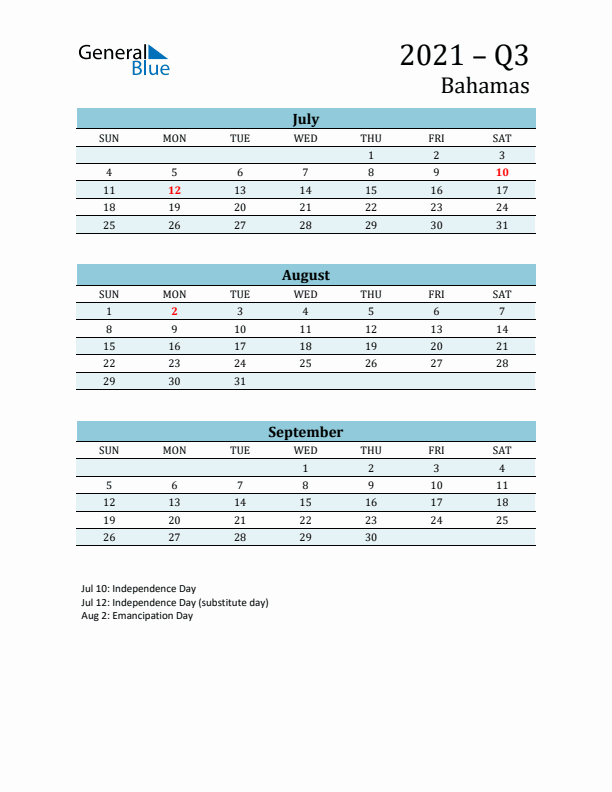 Three-Month Planner for Q3 2021 with Holidays - Bahamas