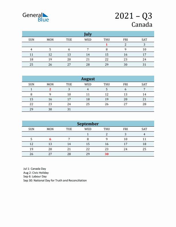 Three-Month Planner for Q3 2021 with Holidays - Canada