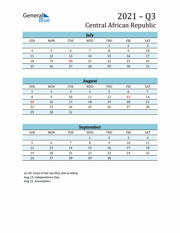 Three-Month Planner for Q3 2021 with Holidays - Central African Republic