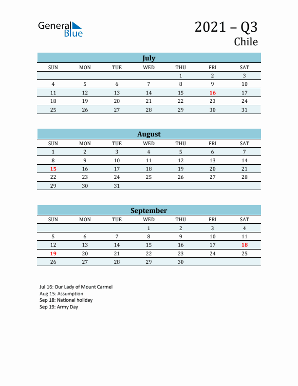 Three-Month Planner for Q3 2021 with Holidays - Chile