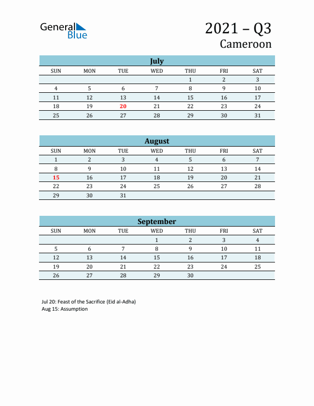 Three-Month Planner for Q3 2021 with Holidays - Cameroon