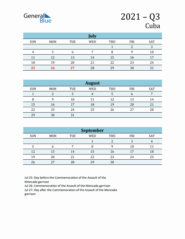 Three-Month Planner for Q3 2021 with Holidays - Cuba