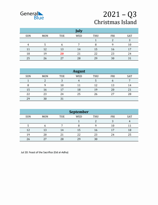 Three-Month Planner for Q3 2021 with Holidays - Christmas Island