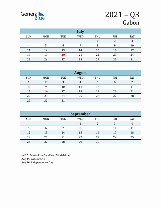 Three-Month Planner for Q3 2021 with Holidays - Gabon