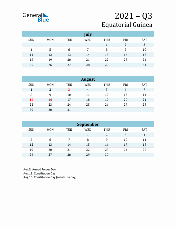 Three-Month Planner for Q3 2021 with Holidays - Equatorial Guinea