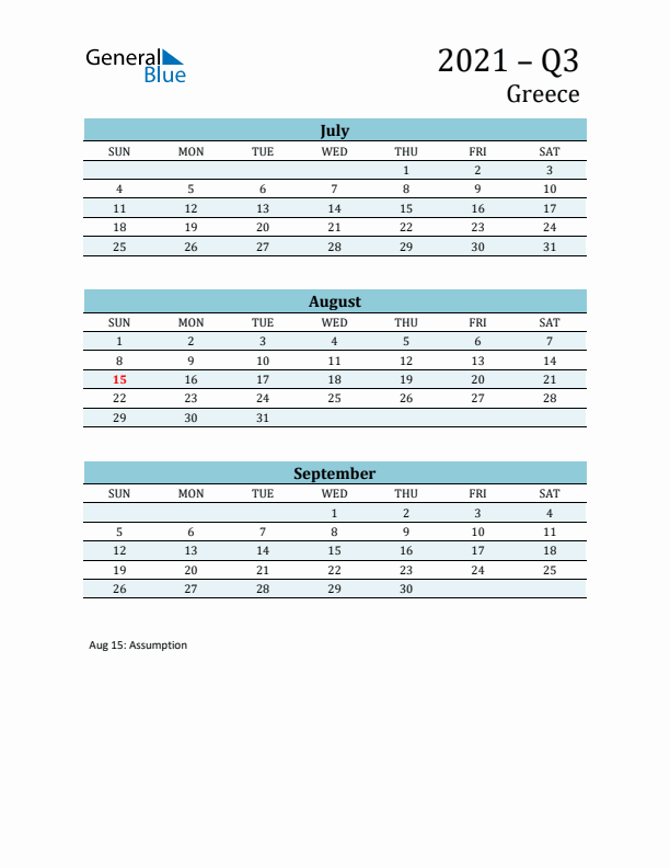 Three-Month Planner for Q3 2021 with Holidays - Greece