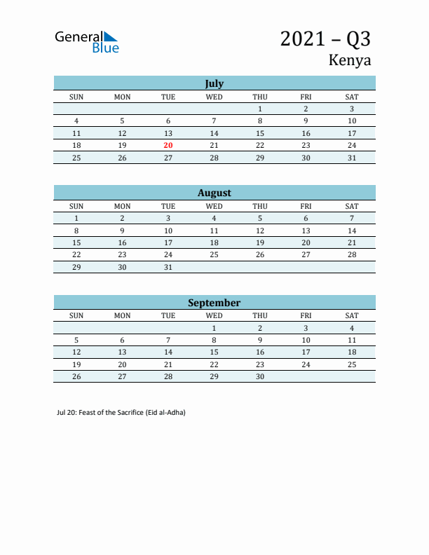 Three-Month Planner for Q3 2021 with Holidays - Kenya