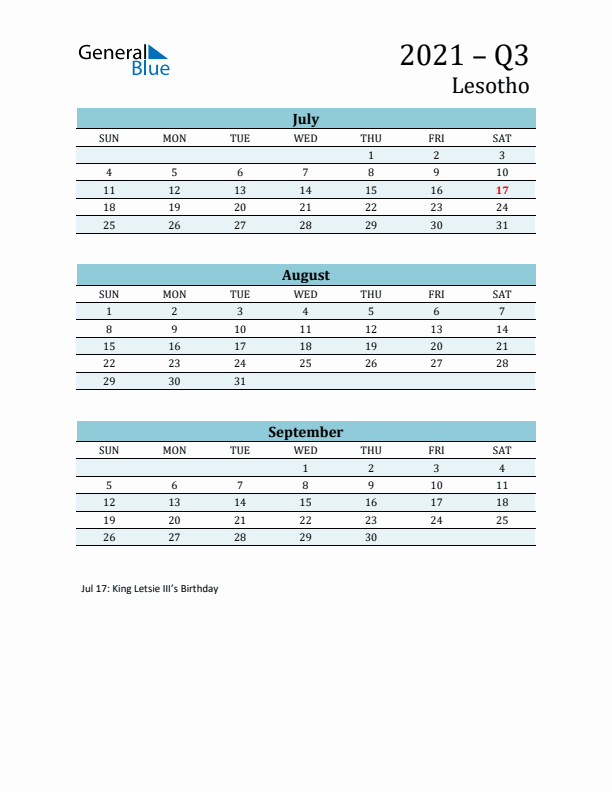 Three-Month Planner for Q3 2021 with Holidays - Lesotho